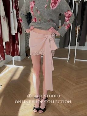 Blumarine Pale Pink Wrap Mini Skirt with Lace Hem silk